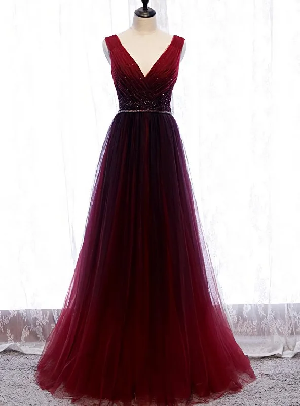 Gradient Beaded Wine Red Tulle Long Party Dress, A-line Wine Red Prom Formal Dresses Tunics Handmade artisanal Gradient Beaded Wine Red Tulle Long Party Dress, A-line Wine Red Prom Formal Dresses Tunics Handmade artisanal