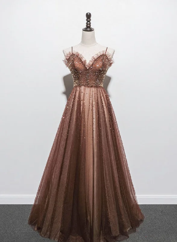 Shiny Tulle Beaded Long Straps Floor Length Party Dress, A-line Prom Gown Tunics Distressed trendy Shiny Tulle Beaded Long Straps Floor Length Party Dress, A-line Prom Gown Tunics Distressed trendy
