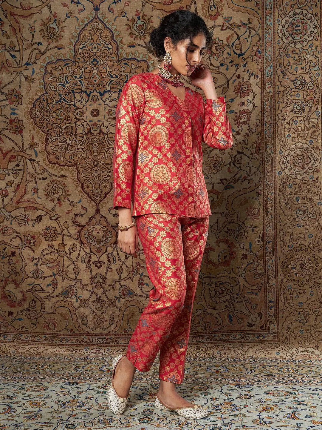 Women Red Large Indian Motif Brocade Pants Slim-Fit Leggings