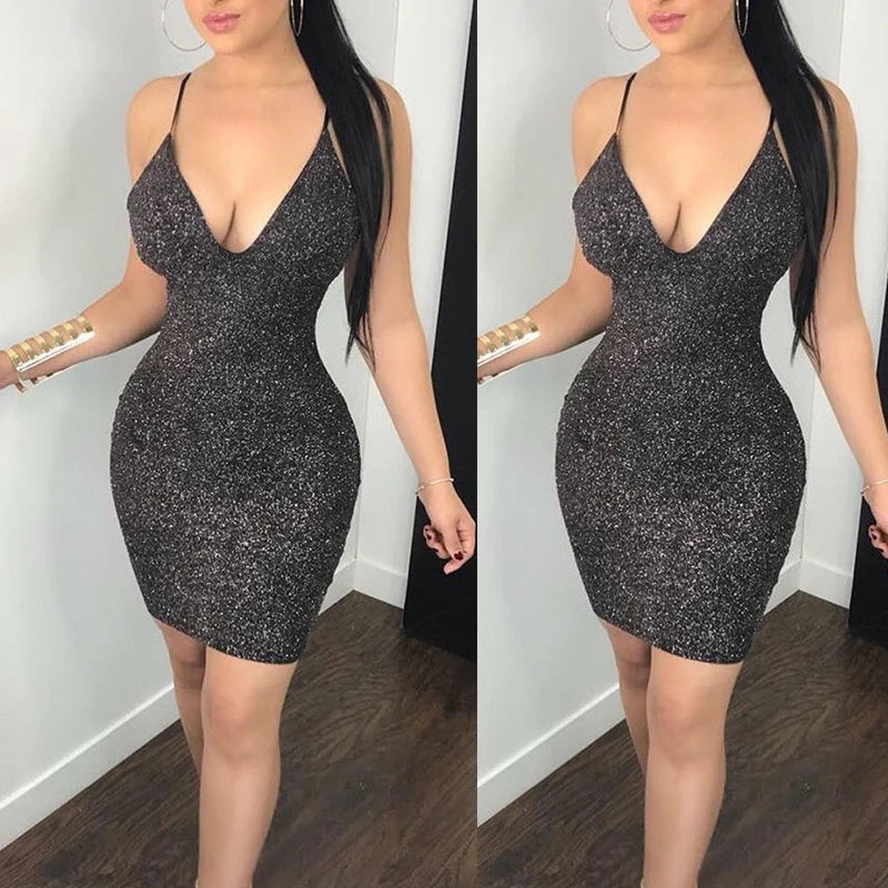 Women Ladies Fashion Sexy Summer Evening Party Dress Sleeveless Deep V-Neck Skinny High Waist Solid Sequined Mini Dress Pleated Skirt Elegant Women Ladies Fashion Sexy Summer Evening Party Dress Sleeveless Deep V-Neck Skinny High Waist Solid Sequined Mini Dress Pleated Skirt Elegant