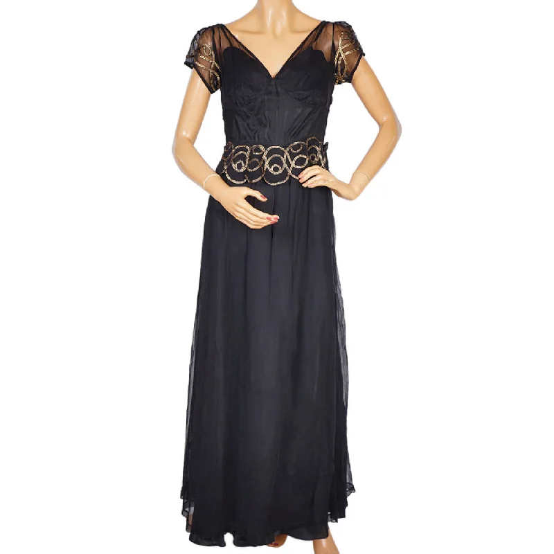 Vintage 1930s Evening Gown Black Tulle with Gold Braid Long Dress Size M Tunics Mesh breathable Vintage 1930s Evening Gown Black Tulle with Gold Braid Long Dress Size M Tunics Mesh breathable