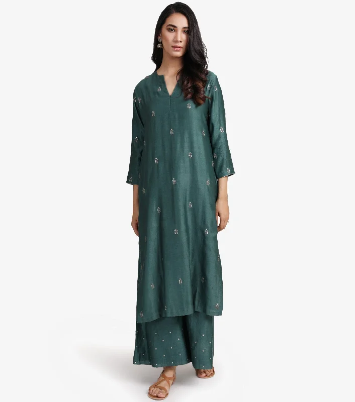 Emerald Green Chanderi Kurta & Cotton Palazzo Pants Set Comfy Athletic Pants