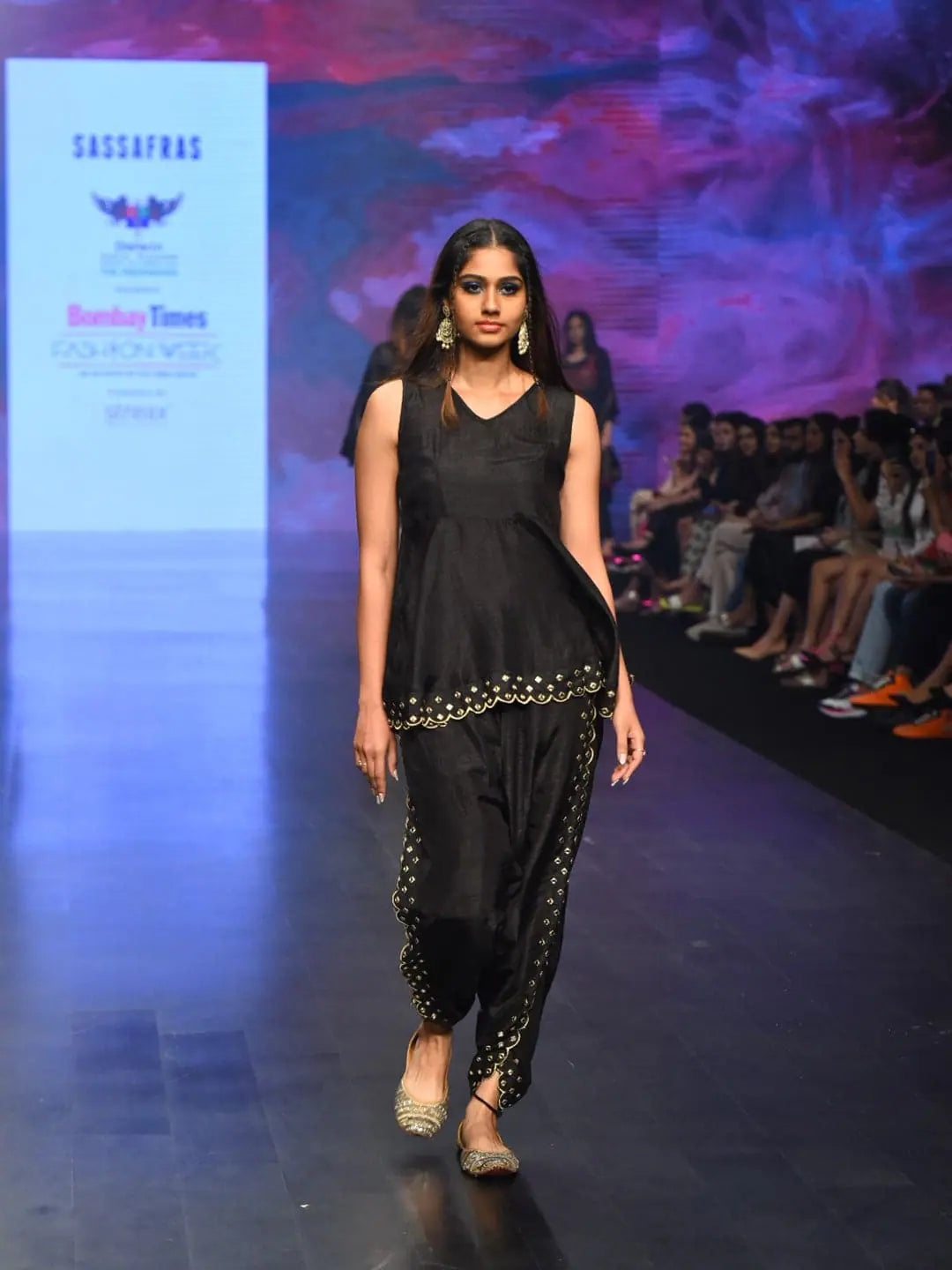 Women Black Mirror Embroidered Top With Dhoti Pants Casual Wide Pants