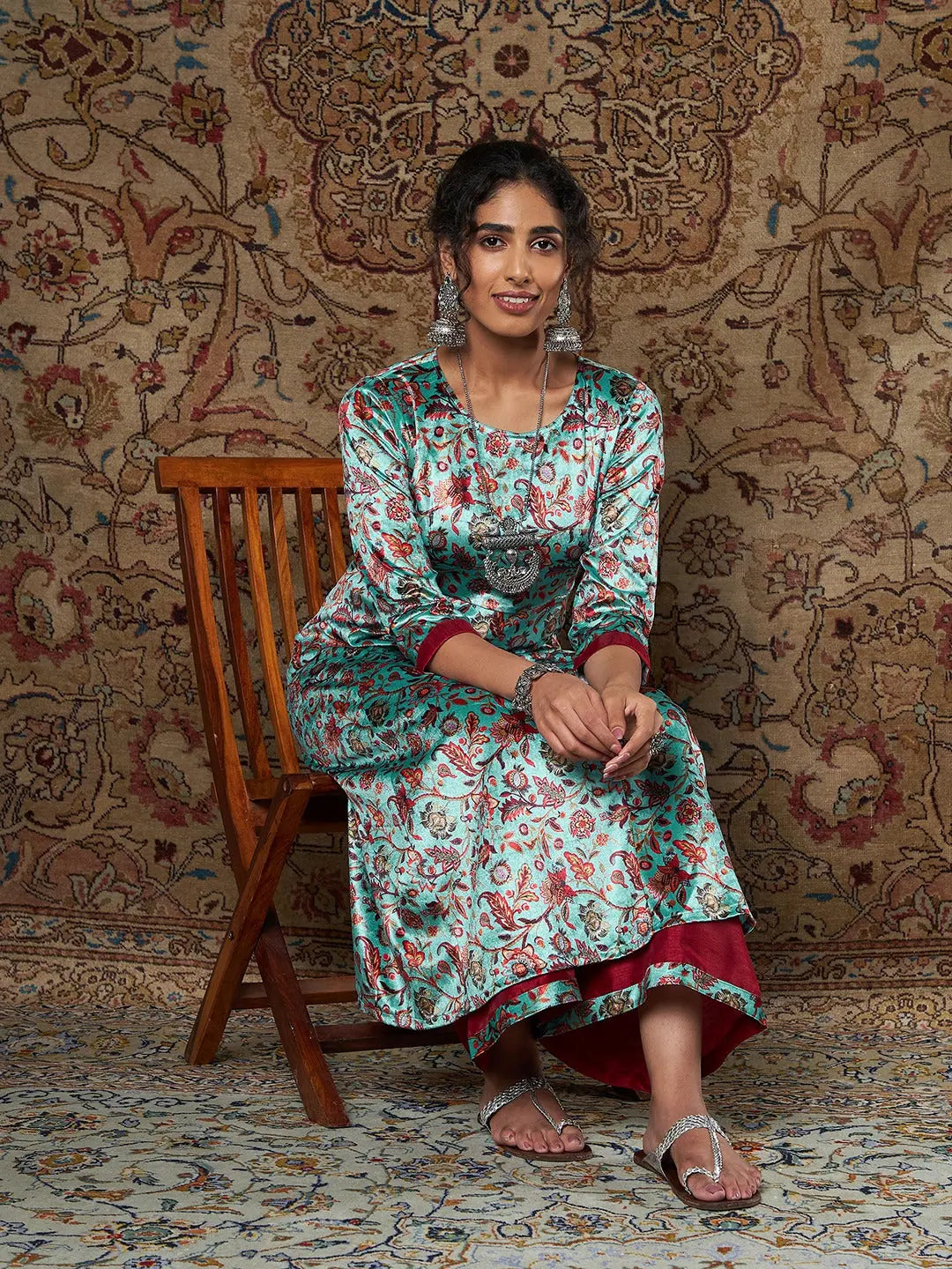 Women Sea Green Floral Velvet Kurta With Palazzo Pants Modern Bootcut Pants