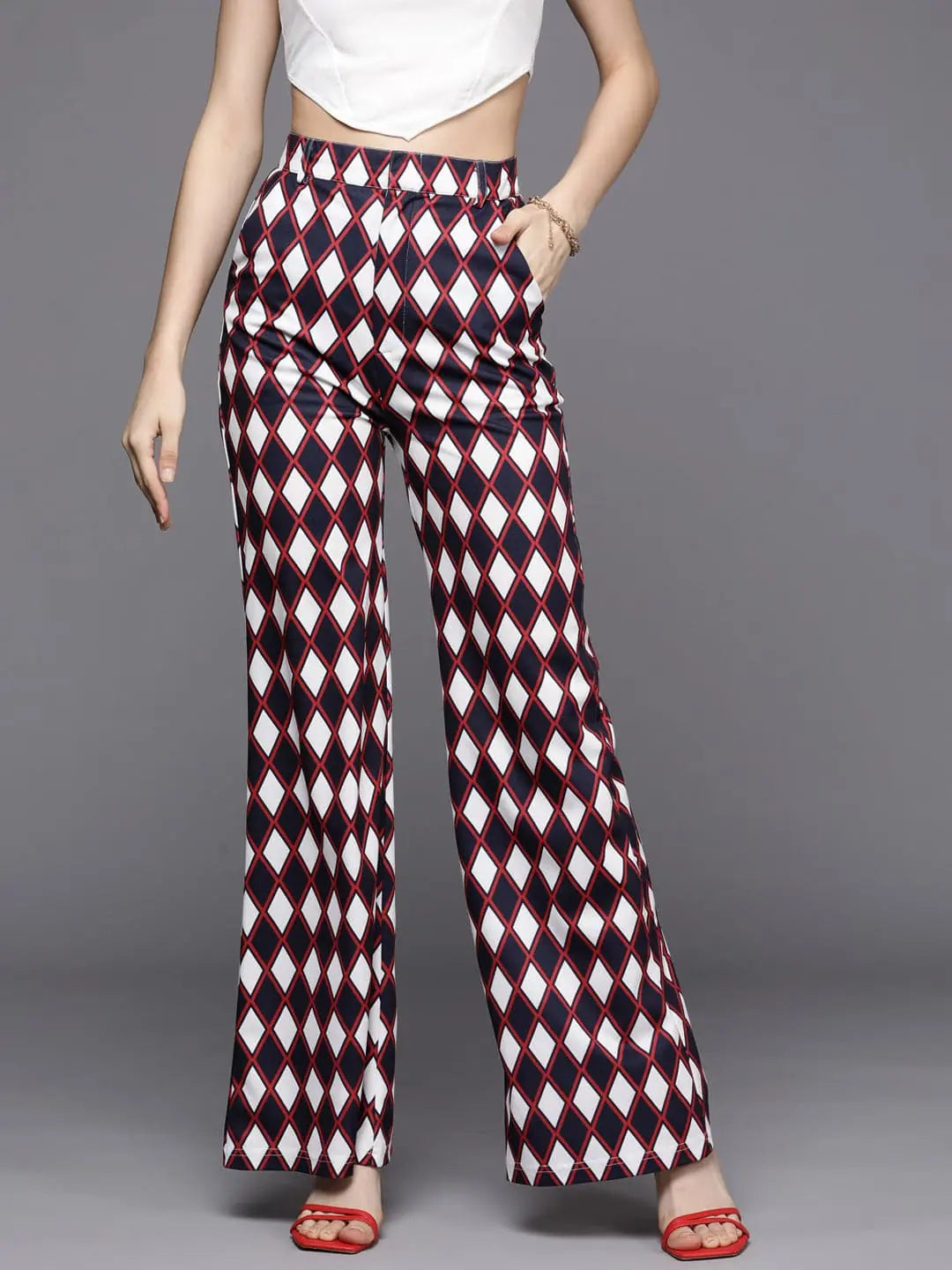 Women Navy Geometric Bellbottom Pants Fashionable Tapered Leg Pants