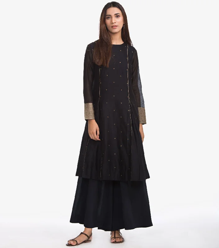 Black Zari Embroidered Chanderi Kurta & Cotton Pants Set Chic Slim Fit Pants