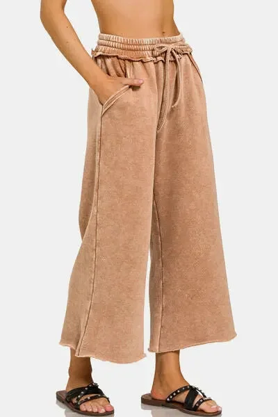 Zenana Acid Wash Fleece Wide Leg Pants Classic Chino Pants