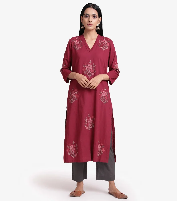 Ruby red embroidered cotton kurta & brown pants set Classic Flared Pants