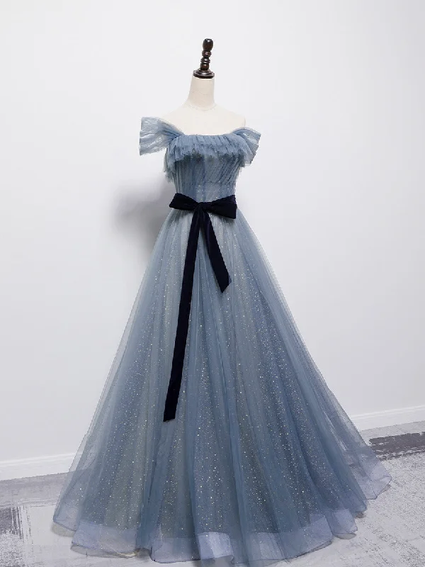 Grey-Blue Tulle Off Shoulder Long Party Dress with Bow, A-line Floor Length Prom Dress Tunics Brand named Grey-Blue Tulle Off Shoulder Long Party Dress with Bow, A-line Floor Length Prom Dress Tunics Brand named