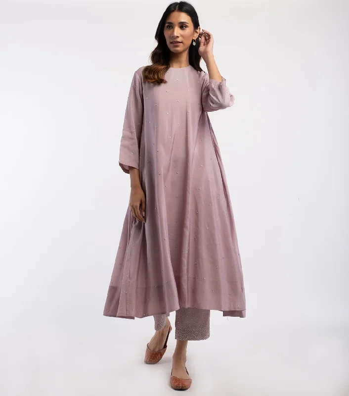 Mauve Chanderi Hand Embroidered Kurta & Palazzo Pants Set Formal Dress Pants
