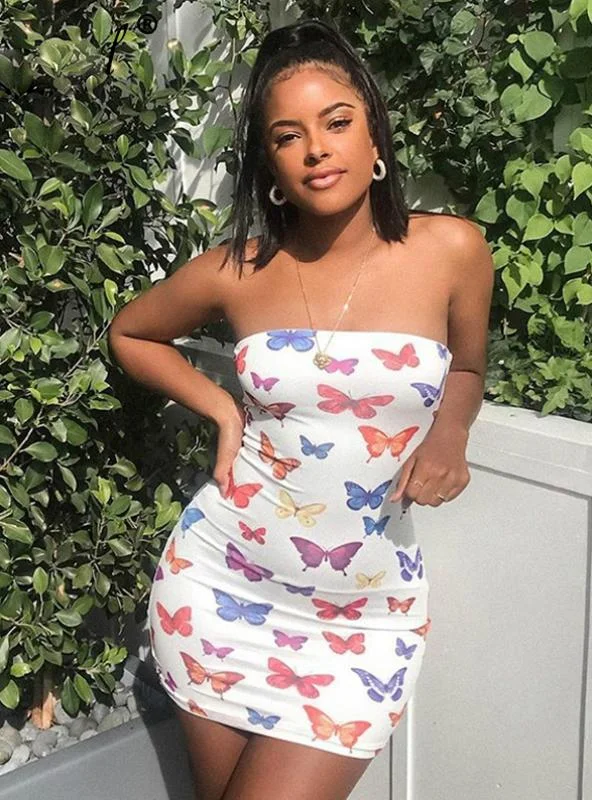 BUTTERFLY PRINT STRAPLESS WOMEN PARTY DRESS Tunics Custom made