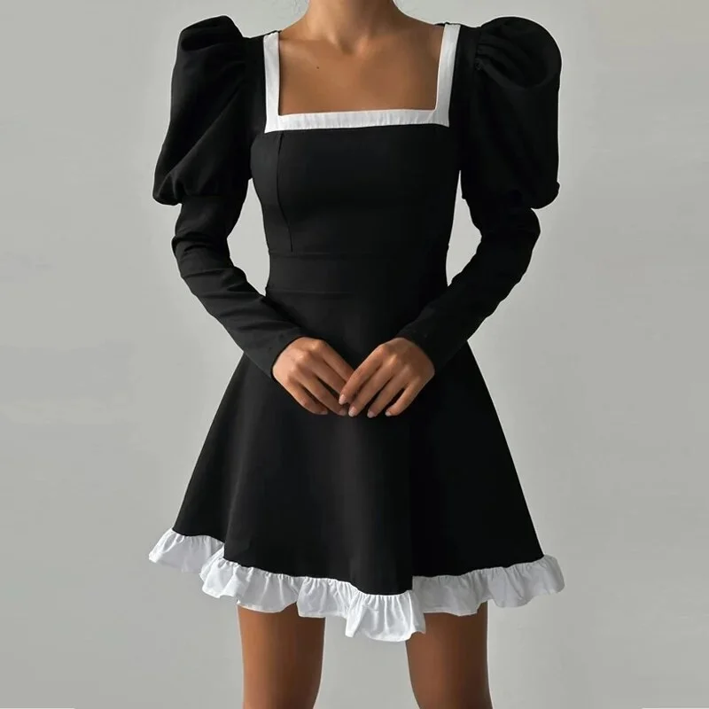 Advbridge Spring Autumn Waist Slim Female Dress Sexy Women Puff Sleeve Ruffles Dresses French Lady Square Collar Pleat Party Dress Glittery Long Formal Advbridge Spring Autumn Waist Slim Female Dress Sexy Women Puff Sleeve Ruffles Dresses French Lady Square Collar Pleat Party Dress Glittery Long Formal