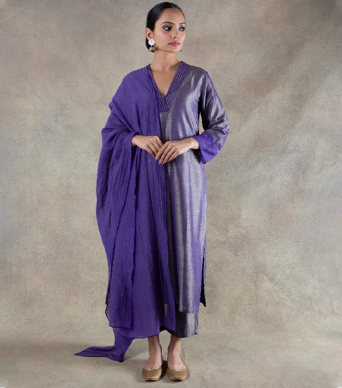 Purple Brocade Kurta with pants & Chanderi Dupatta Set Formal Wide-Leg Pants