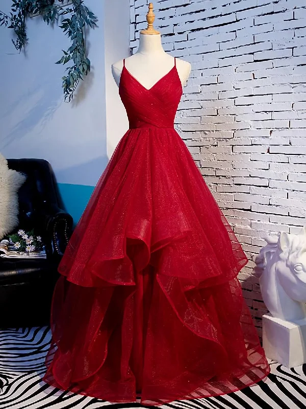 Charming Wine Red Straps Sweetehart Layers Tulle Prom Dress, Long Party Dress Tunics Fleece cozy Charming Wine Red Straps Sweetehart Layers Tulle Prom Dress, Long Party Dress Tunics Fleece cozy