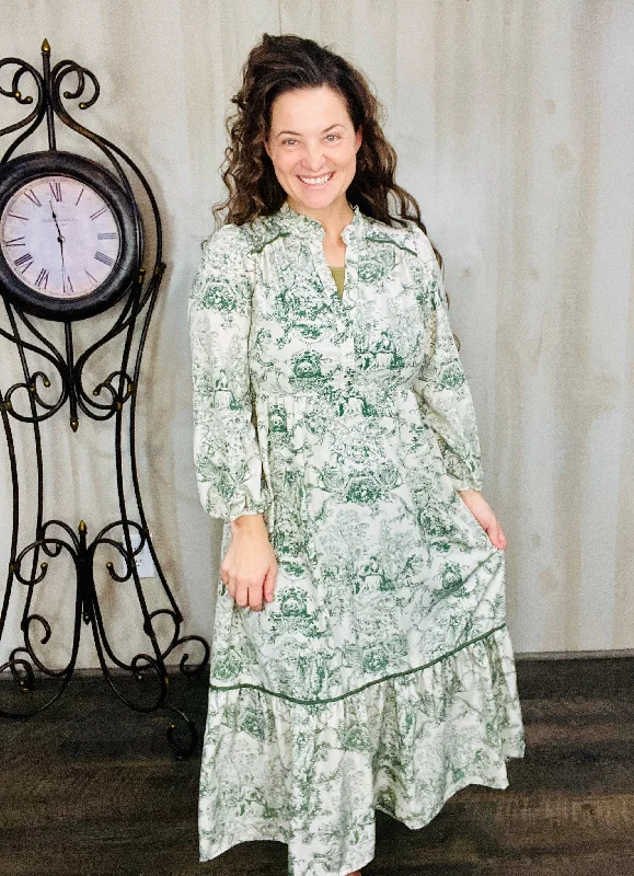 Vintage Toile Green Boho Dress Tunics Fashionable trendy