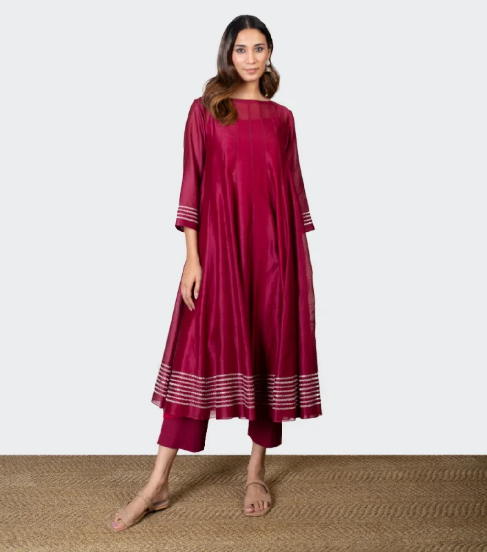 Maroon Chanderi Cotton Kurta with Pants - Set of 2 Elegant Wool Trousers