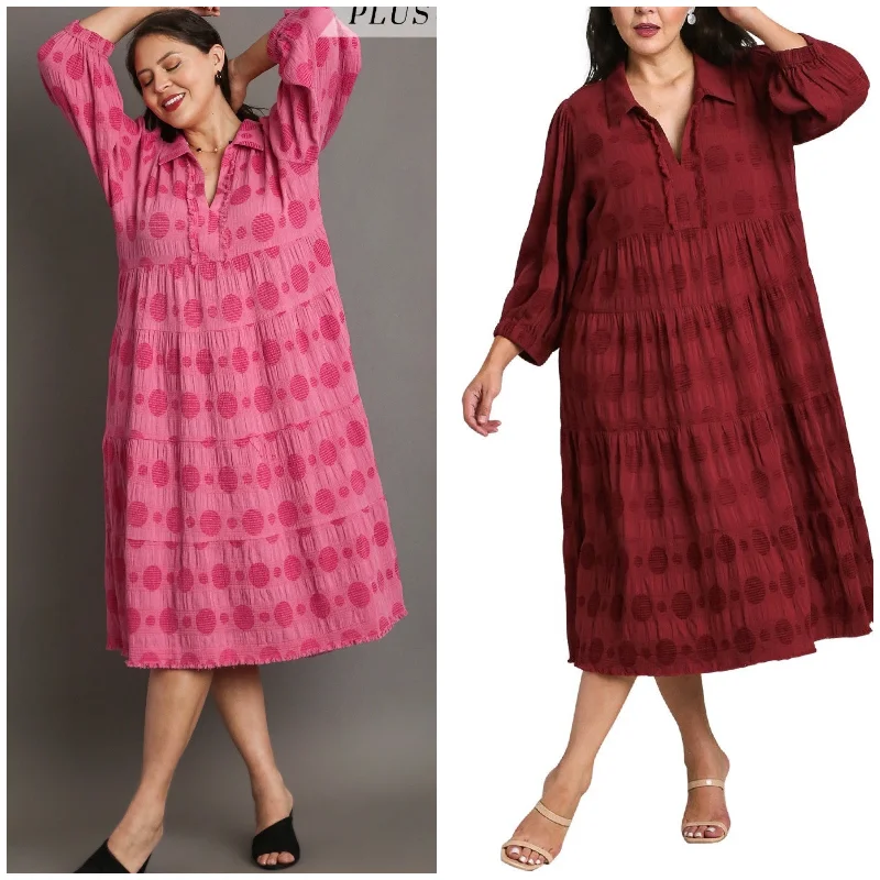 Cindy Jacquard Puff Sleeve Dress Plus-(Rose or Wine) Tunics Long Elegant