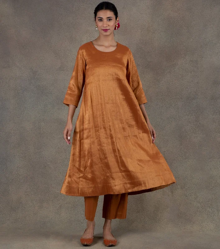 Orange Tissue Flared Kurta & Palazzo Pants Set Lightweight Linen Pants