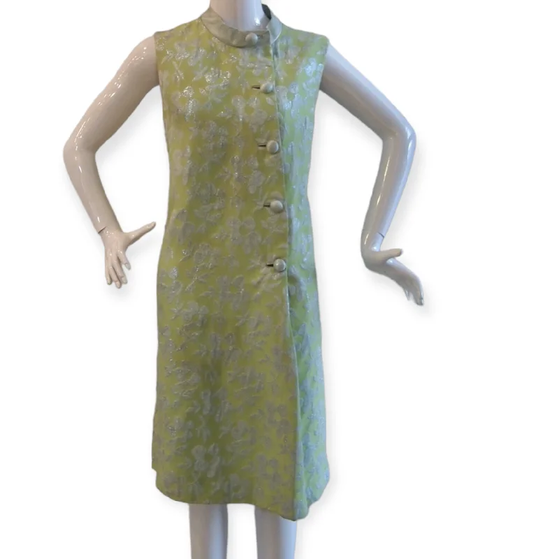 Vintage 60s Mod Lime Green & Silver Floral Brocade Dress Tunics Luxurious premium