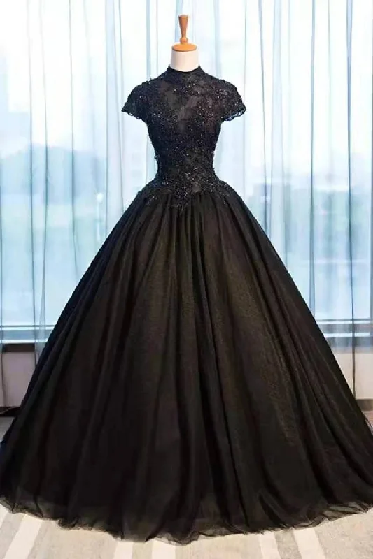 Black Cap Sleeves Long Tulle Party Dress, Black Prom Dress Tunics Corduroy durable