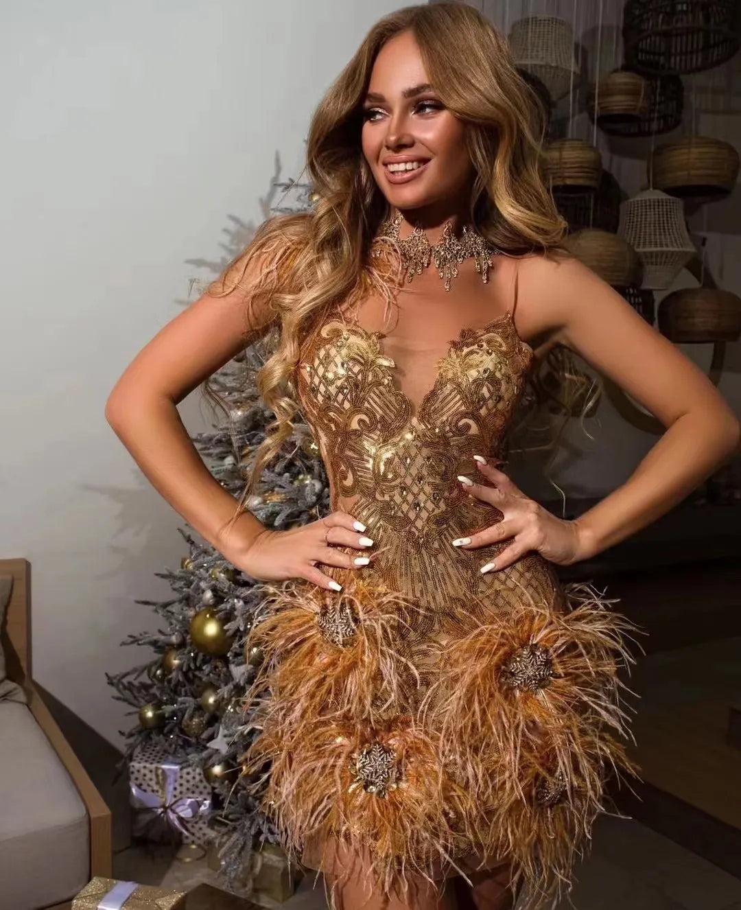 High Quality Gold Feathers Sleeveless Bodycon Dress Elegant Evening Party Dress Vestidos Tunics Timeless classic High Quality Gold Feathers Sleeveless Bodycon Dress Elegant Evening Party Dress Vestidos Tunics Timeless classic