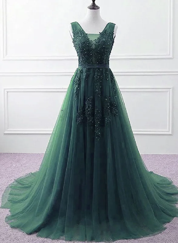 Hunter Green Tulle V-neckline Long Party Dress, Dark Green A-line Prom Dress Tunics Travel practical Hunter Green Tulle V-neckline Long Party Dress, Dark Green A-line Prom Dress Tunics Travel practical
