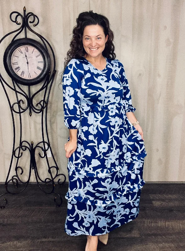 Amanda Royal Blue & Floral Ruffle Dress Tunics Fall fleece