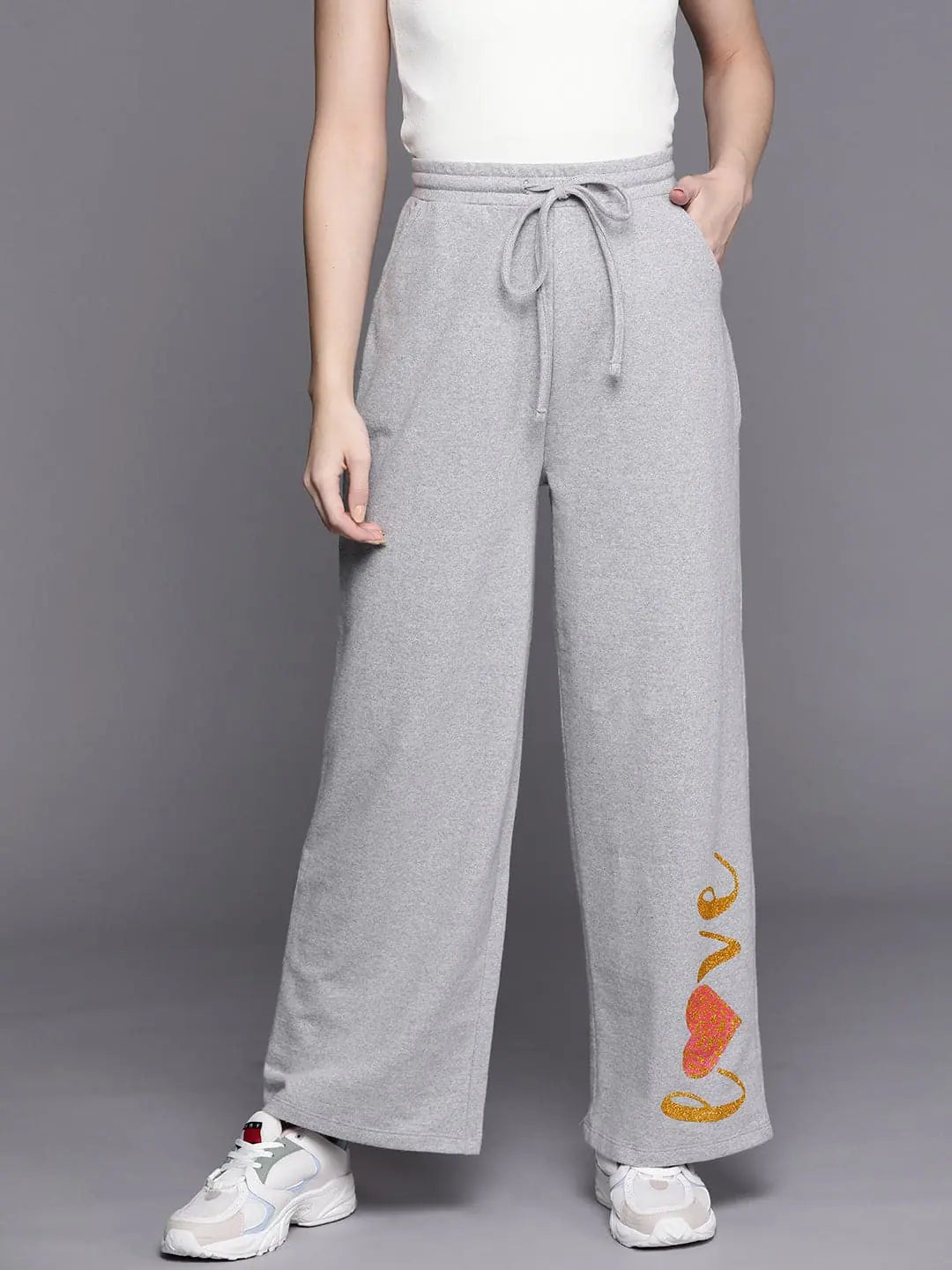 Women Grey Melange LOVE Track Pants Classic Stretch Pants