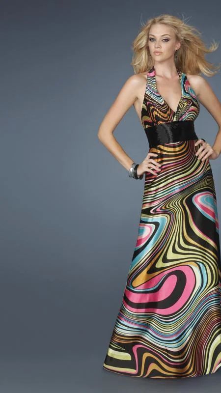 La Femme - Halter V-neck Multi-color Empire Dress with belt 14369 Tunics Evening elegant