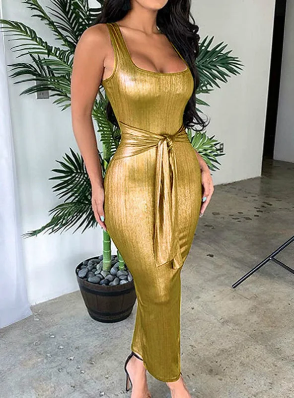 Women Knot Front Solid Metallic Party Dress Tunics Brand named