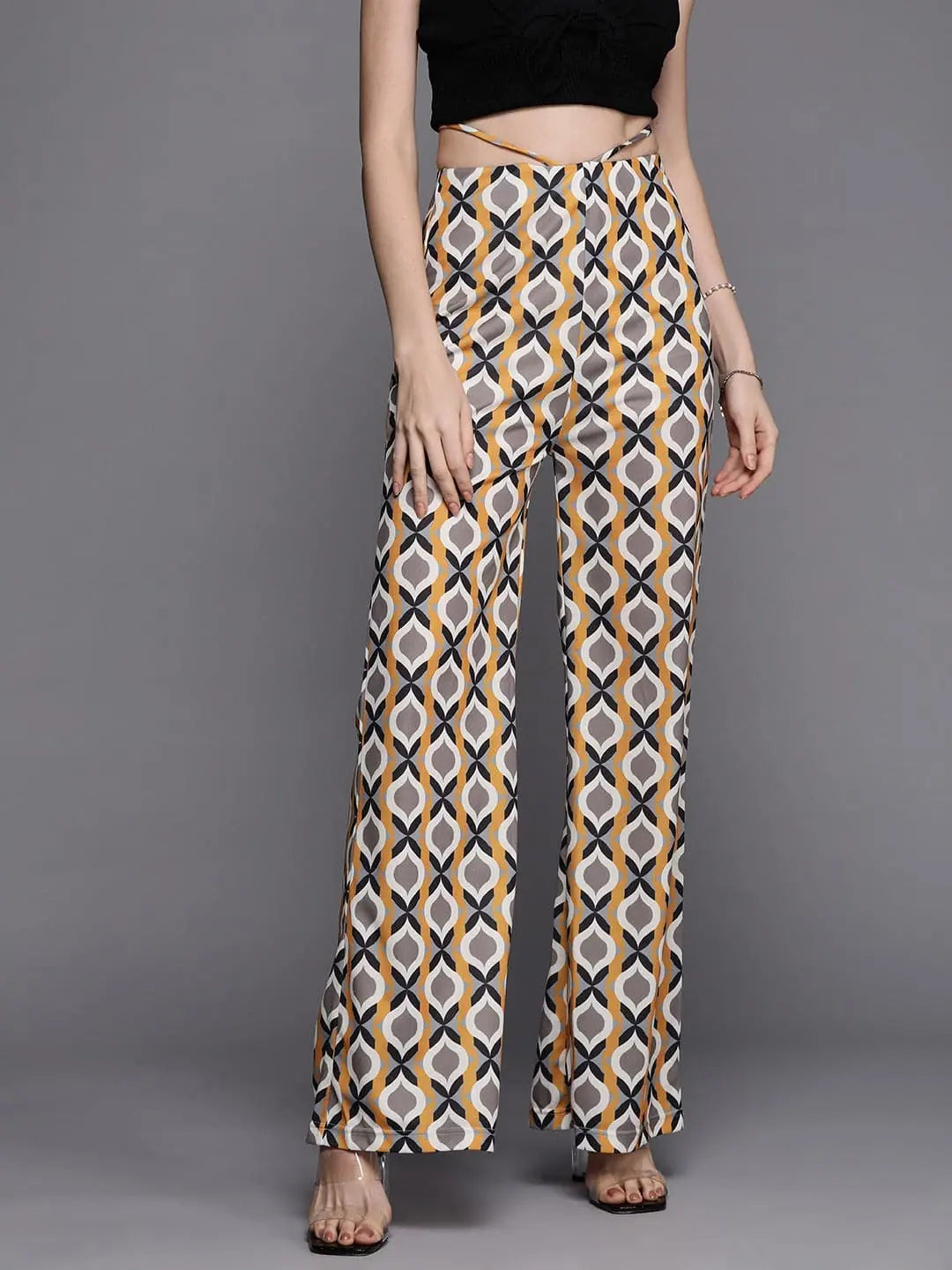 Women Mustard Geometric Waist Tie Bellbottom Pants Casual Track Pants
