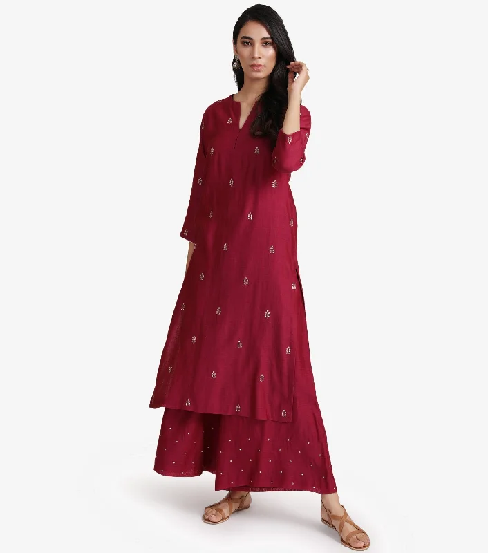 Maroon Chanderi Kurta & Cotton Palazzo Pants Set Casual Yoga Pants