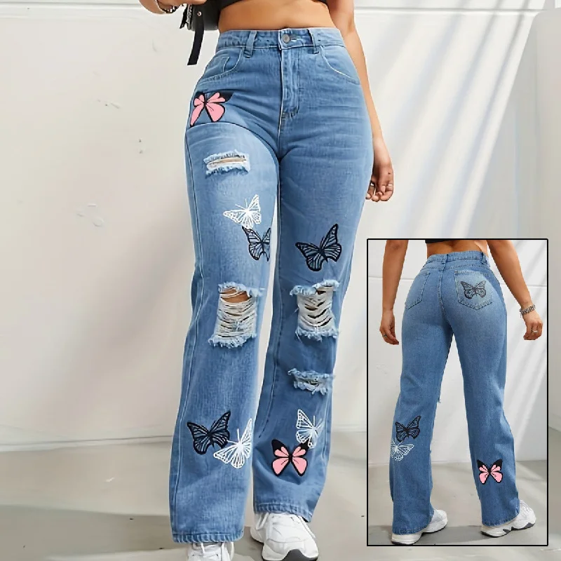 Butterfly Print Ripped Distressed Denim Pants Formal Stretch Pants