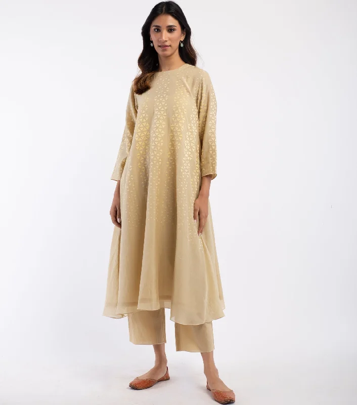 Beige Embroidered Cotton Kurta & Palazzo Pants Set Trendy Palazzo Pants