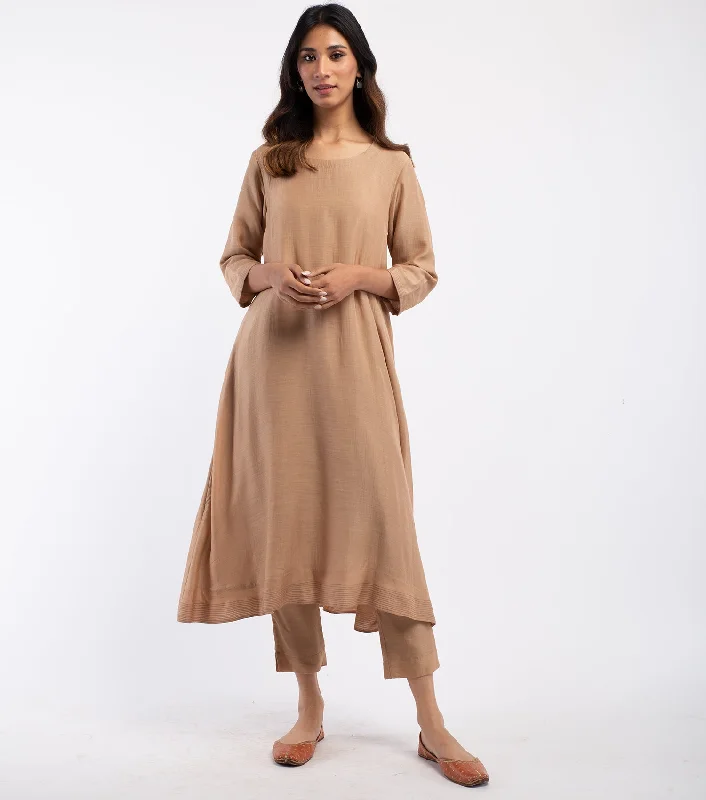 Beige Cotton Silk Kurta & Cotton Pants Set Chic Slim Fit Pants