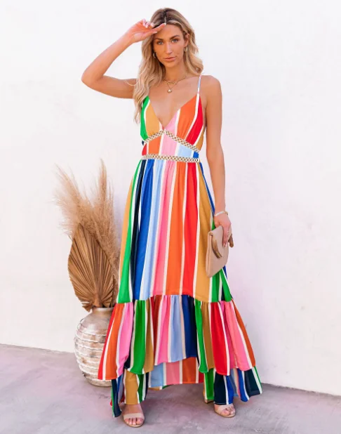 Women Colorful Striped Print Boho Long Dress Casual V-Neck Spliced Sexy Party Dress Tunics Party sparkling Women Colorful Striped Print Boho Long Dress Casual V-Neck Spliced Sexy Party Dress Tunics Party sparkling