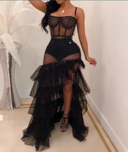 Sheer Mesh Rhinestone Slit Party Dress Tunics Winter warm