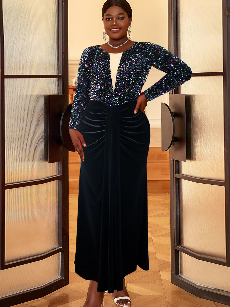 Fashion plus Size Sexy See-through Party Dress Sequins Tunics Ceremony elegant