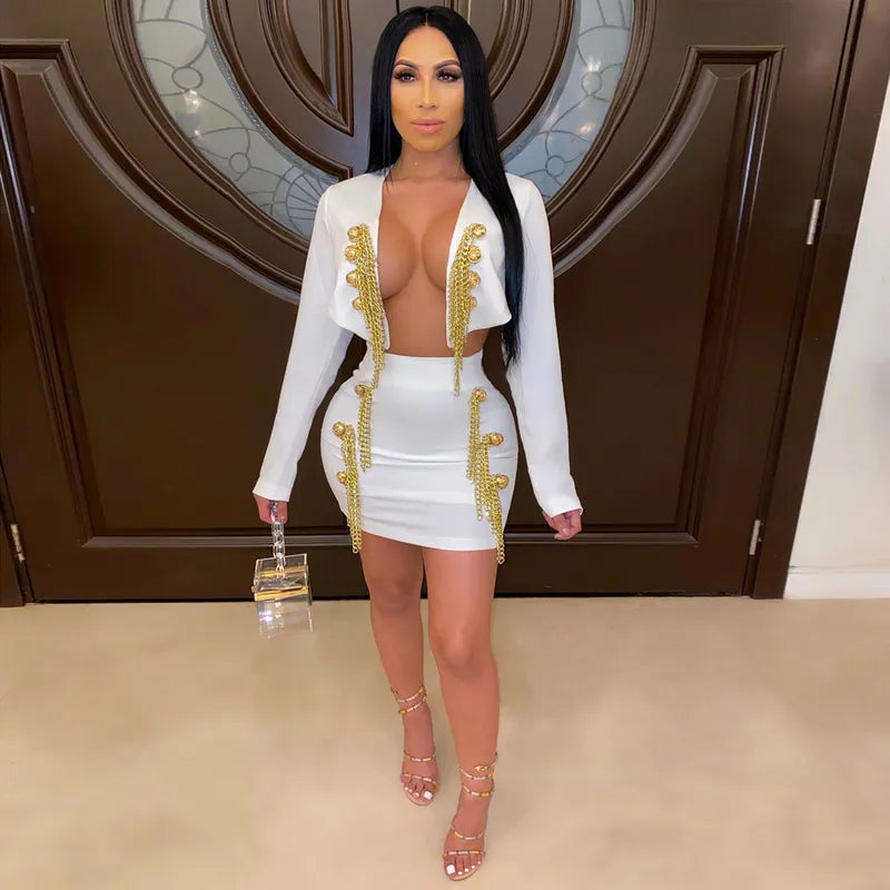 High Quality White Black Beading Long Sleeve Two Pieces Set Rayon Bandage Dress Evening Party Dress Turtleneck Neckline Stylish High Quality White Black Beading Long Sleeve Two Pieces Set Rayon Bandage Dress Evening Party Dress Turtleneck Neckline Stylish