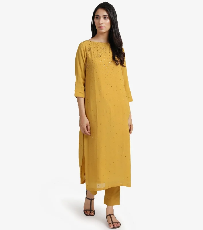 Yellow Georgette Embellished Kurta & cotton silk pants Set Classic Chino Pants