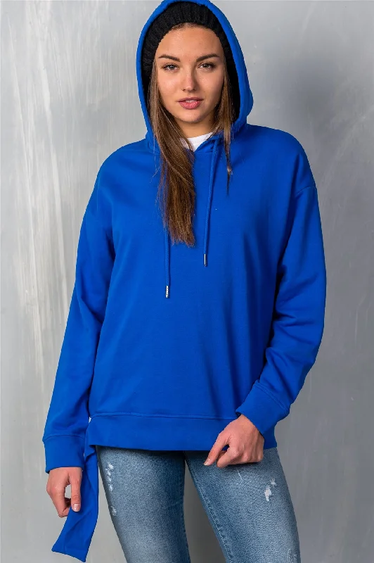 Long Sleeve Uneven Hem Graphic "Venice" Pullover Hoodie in Blue Puff Sleeve Stylish