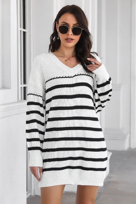 Striped V-Neck Drop Shulder Sweater Dress Polka Dot Checkered Tartan