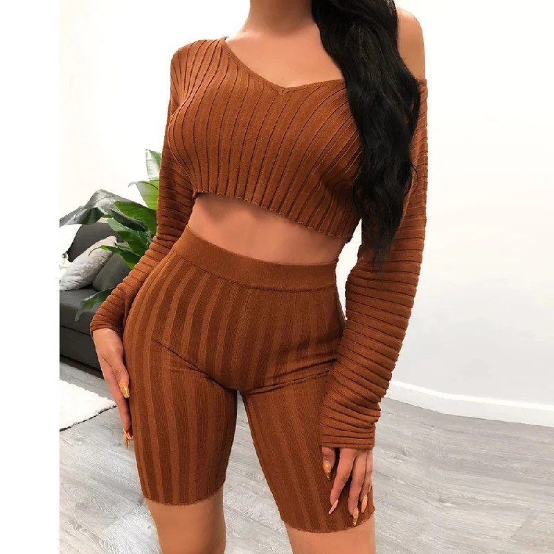 Long-Sleeved V- Neck Crop Top & Shorts Print Jacquard Patchwork