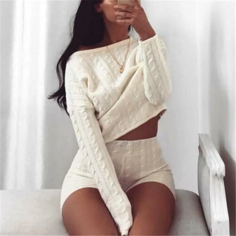 Women Cable Knit Crop Top Lounge Wear Tracksuit solid Striped Floral Plaid