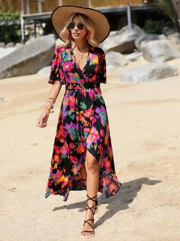 New short-sleeved V-neck pullover irregular beach dress for summer Seamless Knit Pullover New short-sleeved V-neck pullover irregular beach dress for summer Seamless Knit Pullover