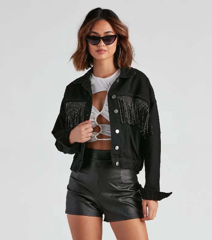 Rodeo Chick Denim Stud Fringe Jacket Rayon Fabric Velvet Fabric Corduroy Fabric