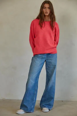 By Together Desiree Pullover Sweater Hot Pink V-Neck Stylish Pullover