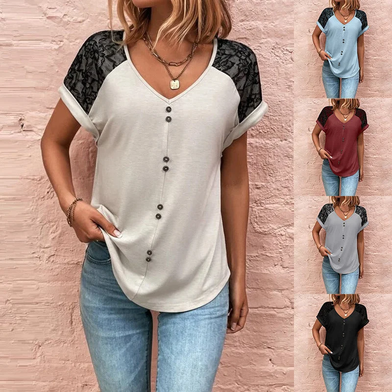Women's T-Shirt Lace Stitching V-neck Top With Button Casual Summer Short Sleeve Pullover Shirt Halter Neck Top