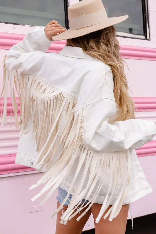 Tailgate White Fringe Denim Jacket Quilted Jacket Puffer Jacket Insulated Jacket
