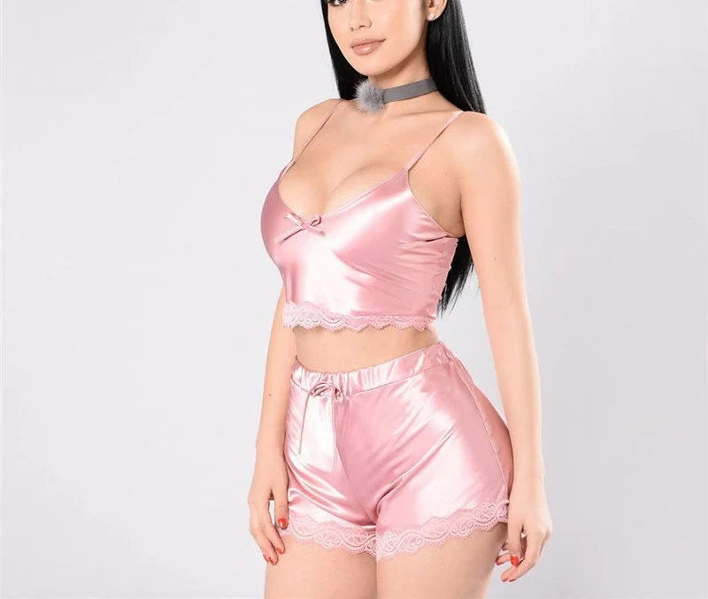 Silky Lace Crop Top Camisole and Shorts Pajamas Set Knit Fabric Woven Fabric Fleece Fabric Silky Lace Crop Top Camisole and Shorts Pajamas Set Knit Fabric Woven Fabric Fleece Fabric